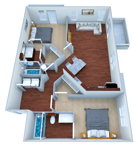Floor plan for 2 beds, 2 baths, 921 sqft